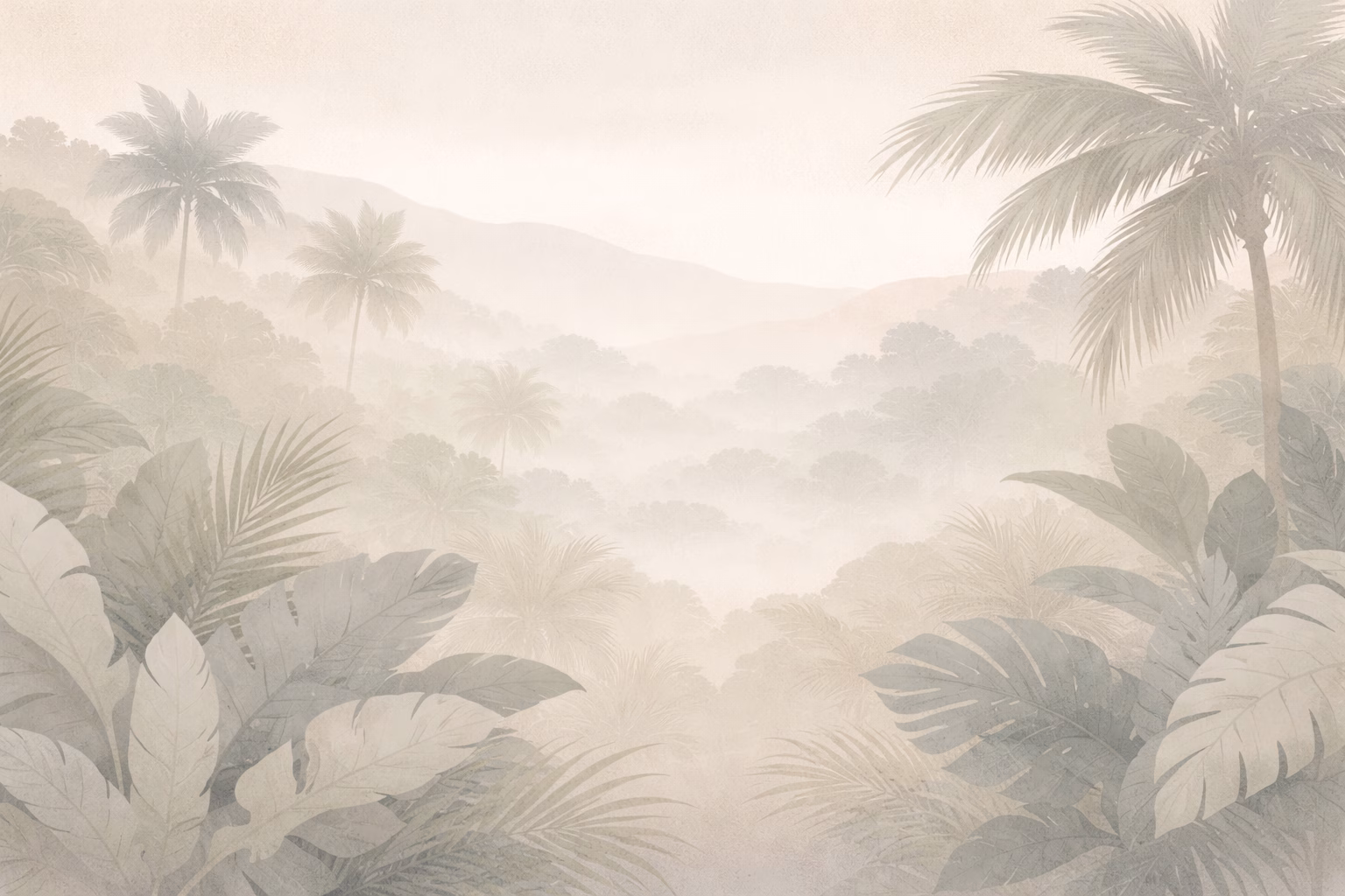 Minimal abstract illustration of a quiet tropical landscape with soft fog, layered foliage shapes, and muted neutral tones, with no landmarks or people.